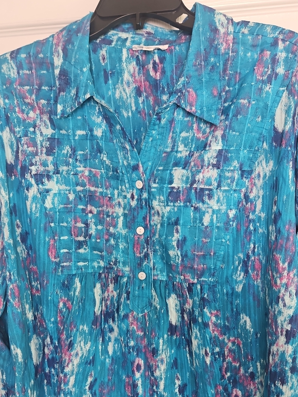 Westbound Long Sleeve Collared Partial Button Relaxed Tunic: Turquoise Monet: XL - Picture 2 of 16